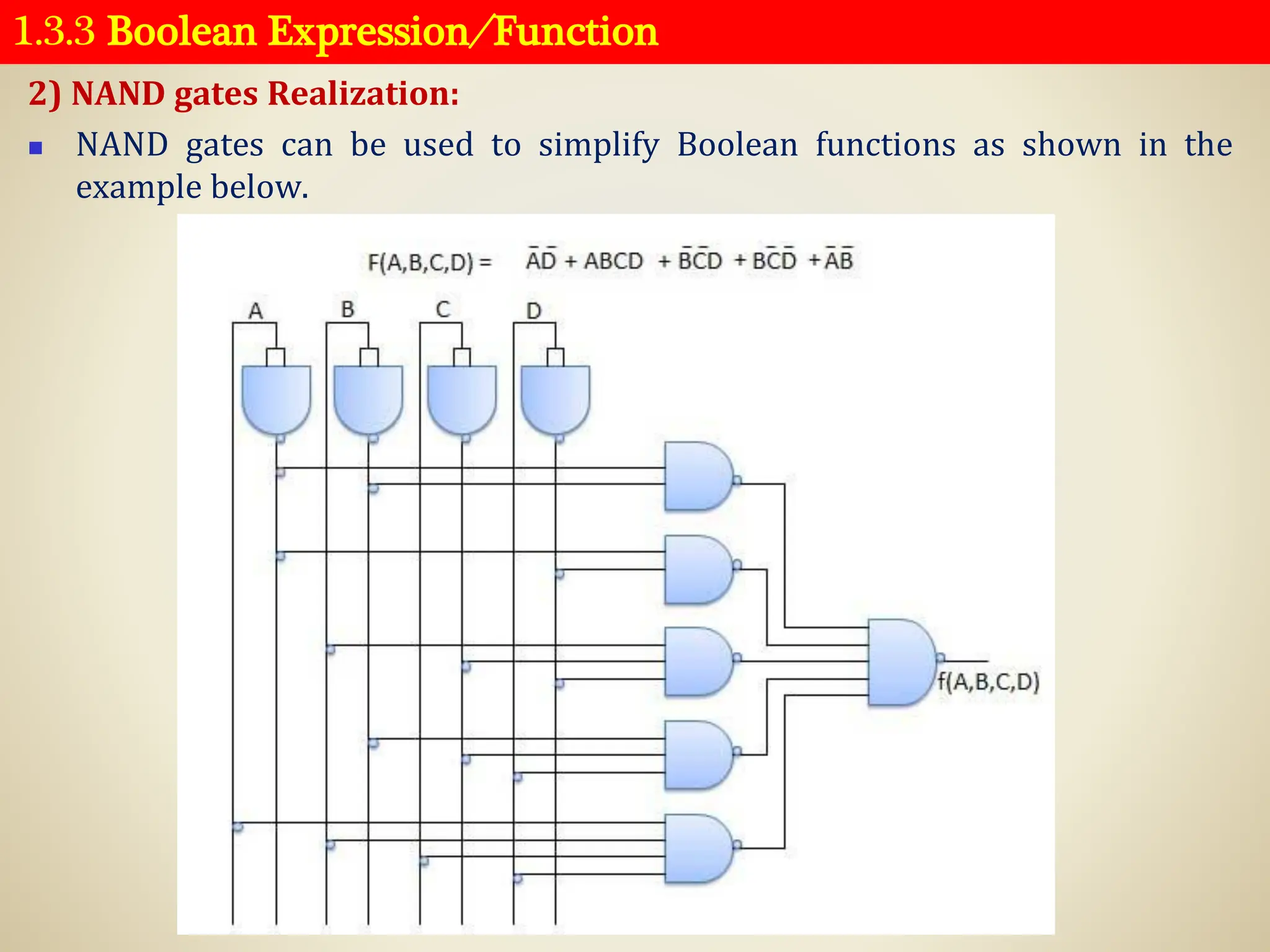 1.3.3 Boolean Expression ⁄ Function
2) NAND gates Realization:
◼ NAND gates can be used to simplify Boolean functions as shown in the
example below.
 