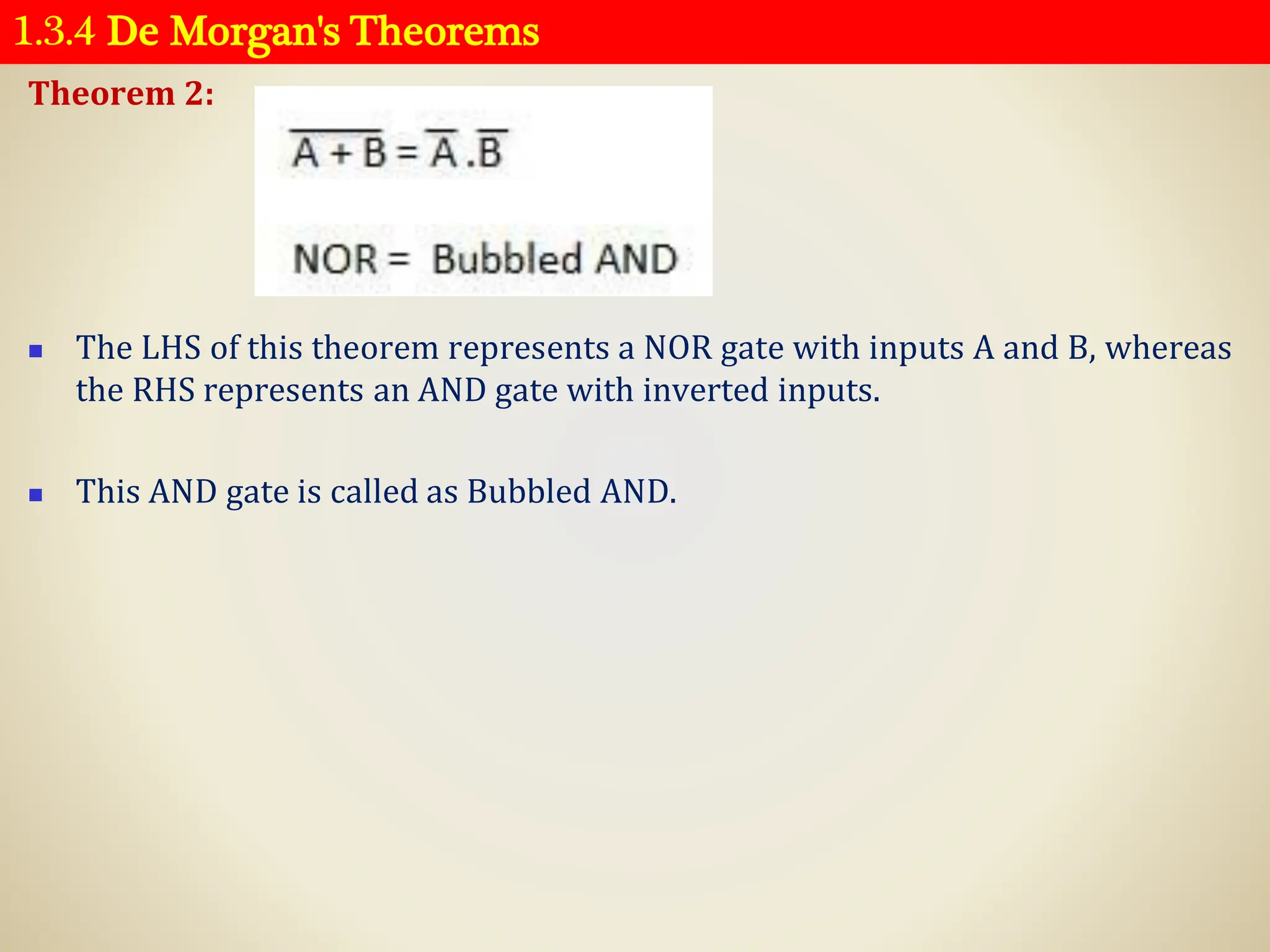 1.3.4 De Morgan's Theorems
Theorem 2:
◼ The LHS of this theorem represents a NOR gate with inputs A and B, whereas
the RHS represents an AND gate with inverted inputs.
◼ This AND gate is called as Bubbled AND.
 