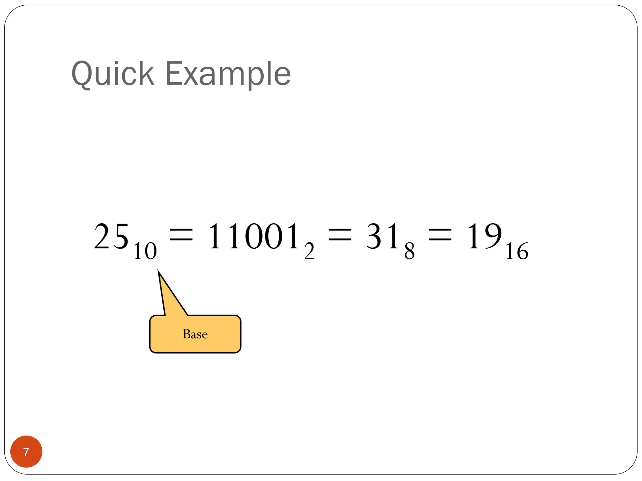 Quick Example
2510 = 110012 = 318 = 1916
Base
7
 