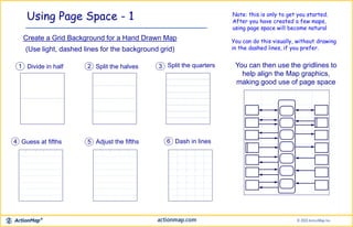 Using Page Space - 1
1 Divide in half 2 Split the halves 3 Split the quarters
4 Guess at fifths 5 Adjust the fifths 6 Dash in lines
Create a Grid Background for a Hand Drawn Map
(Use light, dashed lines for the background grid)
You can then use the gridlines to
help align the Map graphics,
making good use of page space
Note: this is only to get you started.
After you have created a few maps,
using page space will become natural
You can do this visually, without drawing
in the dashed lines, if you prefer.
 