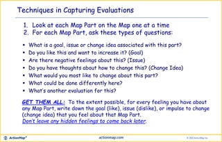 Techniques in Capturing Evaluations
1. Look at each Map Part on the Map one at a time
2. For each Map Part, ask these types of questions:
 What is a goal, issue or change idea associated with this part?
 Do you like this and want to increase it? (Goal)
 Are there negative feelings about this? (Issue)
 Do you have thoughts about how to change this? (Change Idea)
 What would you most like to change about this part?
 What could be done differently here?
 What’s another evaluation for this?
GET THEM ALL: To the extent possible, for every feeling you have about
any Map Part, write down the goal (like), issue (dislike), or impulse to change
(change idea) that you feel about that Map Part.
Don’t leave any hidden feelings to come back later.
 