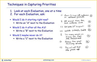 Techniques in Capturing Priorities
1. Look at each Evaluation, one at a time
2. For each Evaluation, ask:
 Would I do it starting right now?
 Write an “A” next to the Evaluation
 Would I do it after all the A’s?
 Write a “B” next to the Evaluation
 Would I maybe never do it?
 Write a “C” next to the Evaluation
 
