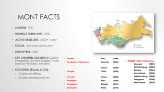 MONT FACTS
• STARTED: 1991
• INDIRECT TURNOVER: 100%
• ACTIVE RESELLERS: 6000+ / year
• FOCUS: Software Distribution
• EMPLOYEES: 500+
• KEY CHANNEL SEGMENTS: System
Integrators, System Builders, VARs,
Service Providers, Retailers
• LOCATION (Russia & CIS):
• 15 branch offices
• 30 sales representatives
• RUSSIA (1991). 7 Branches
• Moscow (1991)
• St-Petersburg (2003)
• Samara (2004)
• Novosibirsk (2008)
• Yekaterinburg (2008)
• Volgograd (2008)
• Vladivostok (2010)
• Ukraine: Kiev (1994)
• Kazakhstan (2 Branches): Alma-Ata (2004)
Astana (2008)
• Georgia: Tbilisi (2006)
• Armenia: Erevan (2008)
• Azerbaijan: Baku (2009)
• Kyrgyzstan: Bishkek (2010)
• Belorussia: Minsk (2010)
 
