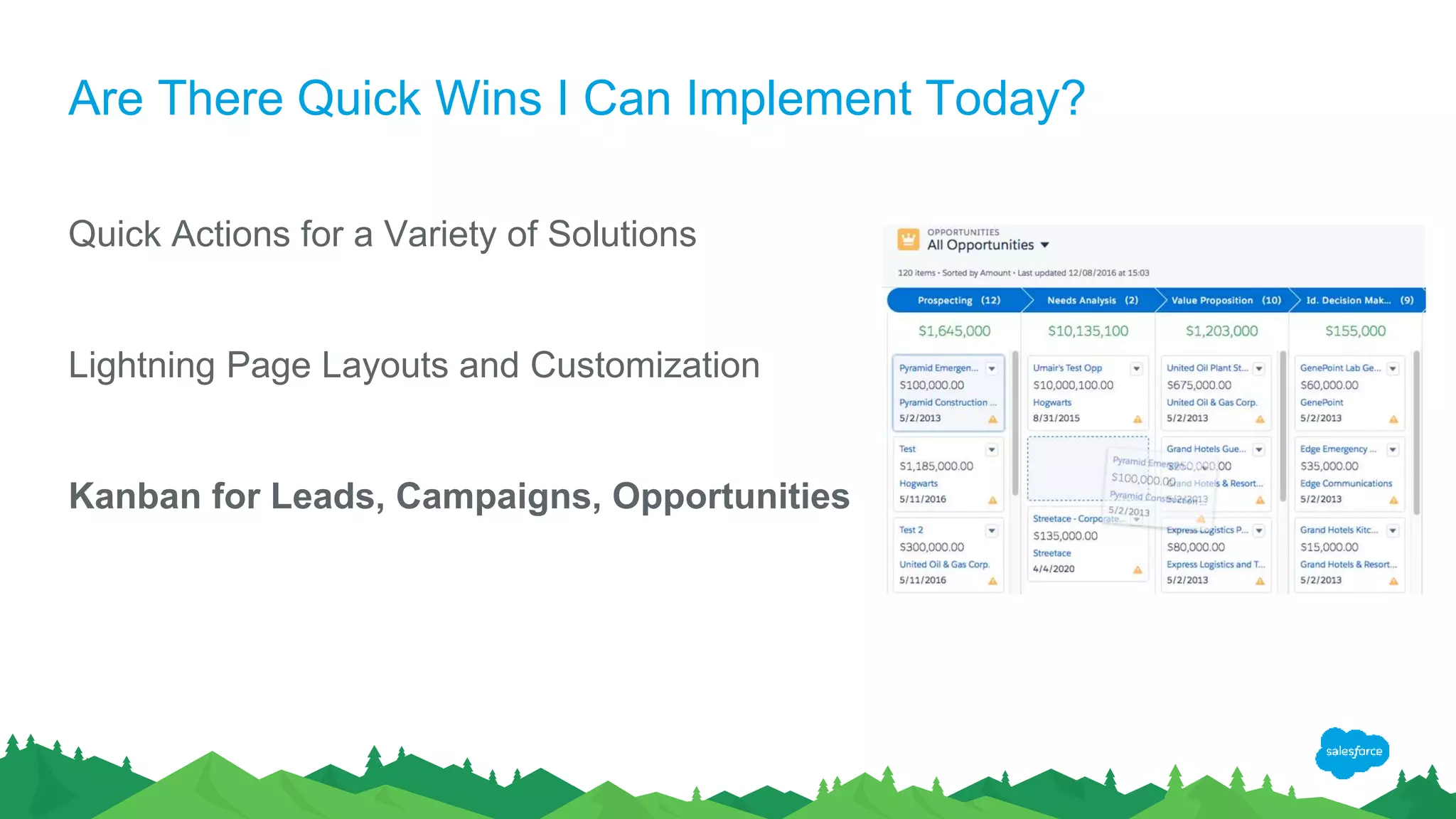 Are There Quick Wins I Can Implement Today?
Quick Actions for a Variety of Solutions
Lightning Page Layouts and Customization
Kanban for Leads, Campaigns, Opportunities
 