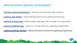 What Are Some Lightning Terminologies?
The New Lightning Experience - The new and improved user interface
Lightning App Builder - Point-and-click tool for the Lightning Experience
Lightning Components - Build modern web apps with reusable UI components
Lightning AppExchange - Think of it as App Store for Lightning Components
Lightning Design System - Build with look and feel of Lightning Experience
 