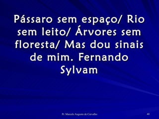 Pássaro sem espaço/ Rio sem leito/ Árvores sem floresta/ Mas dou sinais de mim. Fernando Sylvam 