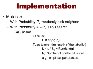 Implementation
• Mutation
• With Probability Pw, randomly pick neighbor
• With Probability 1 – Pw, Tabu search
Tabu search
Tabu list
List of {Vi, cj}
Tabu tenure (the length of the tabu list)
L = a * Nc + Random(g)
Nc: Number of conflicted nodes
a,g: empirical parameters
 