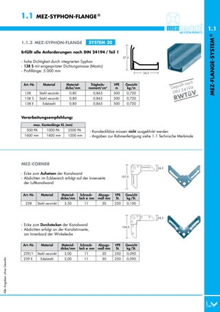 1.1         MEZ-SYPHON-FLANGE ®

                                                                                                                                           1.1




                                                                                                                                           MEZ-FLANGE-SYSTEM ®
                           1.1.2 MEZ-SYPHON-FLANGE                          SYSTEM 30

                           Erfüllt alle Anforderungen nach DIN 24194 / Teil 1
                                                                                                  27,0
                           - hohe Dichtigkeit durch integrierten Syphon
                           - 138 S mit eingespritzter Dichtungsmasse (Mastic)
                           - Profillänge: 5.000 mm                                                           24,3



                                                                                                                                     ch
                            Art.-Nr.       Material        Material-         Trägheits-    VPE     Gewicht                      ft na
                                                           dicke/mm         moment/cm4      m       kg /m                  Geprü      4
                                                                                                                                2419
                                                                                                                            DIN        V
                             138        Stahl verzinkt        0,80            0,863        500      0,720
                                                                                                                                    ü
                             138 S      Stahl verzinkt        0,80            0,863        500      0,720                   RW T
                             138 E        Edelstahl           0,80            0,863        500      0,720



                           Verarbeitungsempfehlung:
                                    max. Kantenlänge KL (mm)
                              500 PA         1000 PA         2500 PA        - Kanaleckfälze müssen nicht ausgeklinkt werden
                            1600 mm          1400 mm         1200 mm        - Angaben zur Rahmenfertigung siehe 1.1 Technische Merkmale




                           MEZ-CORNER
                                                                                                                    24,3

                           - Ecke zum Aufsetzen der Kanalwand
                                                                                                 107,0
                           - Abdichten im Eckbereich erfolgt auf der Innenseite
                             der Luftkanalwand


                            Art.-Nr.     Material        Material-    Schraub-   Abzugs-   VPE     Gewicht
                                                         dicke/mm    loch ø mm   maß mm    St.     kg /St.
                             238       Stahl verzinkt      3,50        11           30     250      0,100



                                                                                                                    24,3

                           - Ecke zum Durchstecken der Kanalwand
                                                                                                 104,0
                           - Abdichten erfolgt an der Kanalstirnseite,
                             am Innenbord der Winkelecke

                            Art.-Nr.     Material        Material-    Schraub-   Abzugs-   VPE     Gewicht
                                                         dicke/mm    loch ø mm   maß mm    St.     kg /St.
                            239/1      Stahl verzinkt      3,00        11           30     250      0,090
Alle Angaben ohne Gewähr




                            239 E        Edelstahl         3,00        11           30     250      0,090
 