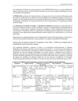 DIAGNÓSTICO INTEGRAL




Las instituciones eclesiales con mayor presencia son: el PROSCAM que tiene a su cargo el Distrito de
Salud y desde hace mas de 10 años desarrolla esta labor con solvencia y logrando imposrtantes avances
en el bienestar de la población.

El PROSCAM, institución de la Iglesia Católica, está cargo del servicio de salud en el Municipio, desde
hace mas de 10 años aporta a la superación de los problemas que la población enfrenta en esta área, el
hospital y la red de postas sanitarias a su cargo hace posible que el servicio de salud llegue con calidad y
oportunidad a la población. En el pasado ha llevado a cabo el mejoramiento de viviendas para controlar
el mal de chagas.

Las Hermanas de la Orden Cruzadas, los Hermanos Trinitarios desarrollan una importante labor a
favor de la educación de niños y jóvenes, hombres y mujeres, en cuanto facilitan el funcionamiento de
internados y centros donde completan la educación secundaria y reciben capacitación técnica, para lo
cual sostienen 3 importantes centros de capacitación, con albergues para un significativo de número de
estudiantes, estas organizaciones permanentemente realizan mejoras en la infraestructura y los servicios
que prestan.

Organizaciones no gubernamentales como la Organización Cantuta, Plan Internacional y otras llevan a
cabo acciones puntuales de desarrollo social y productivo en algunas comunidades del Municipio.

Existen otras de carácter financiero: Cooperativa Cosal Ltda. y ANED, que trabajan bajo la
modalidad de crédito individual y grupal.

Una importante debilidad se advierte en cuanto a la coordinación interinstitucional, el Gobierno
Municipal no ha logrado sentar bases con las organizaciones de base y las instituciones que trabajan en
el Municipio, para desarrollar actividades de manera coordinada, los escasos recursos que llegan al
Municipio, así como las grandes necesidades de servicios sociales y productivos que requiere la
población, reclaman de la coordinación necesaria que permita optimizar el uso de los recursos existentes,
logrando coberturas significativas de tal modo que se facilite el desarrollo social y productivo, en función
de superar los problemas de diferente índole por los que atraviesa la población. El inventario
institucional permitió establecer los objetivos y localizar las acciones que las instituciones llevan a cabo

Cuadro Nº 52. Objetivo general, programas / proyectos y área de influencias de las instituciones.
    Institución         Objetivo General       Programas y /o proyectos       Área de influencia         Coordinación con
                                                     que ejecutan
Gobierno Municipal Elevar los niveles de Planes Anuales Operativos, Todo             el    territorio   Con      instituciones
(GM)               bienestar     social    y con base al Plan de municipal.                             públicas y privadas.
                   material de la población, Desarrollo Municipal
                   mediante la ejecución
                   directa e indirecta de
                   obras públicas de interés
                   común.
Comité          de Fiscalización    de    la Participación en eventos Todo           el    territorio   Permanente
Vigilancia (CV)    gestión municipal y la comunales y de grupos de municipal a través de los            coordinación con el
                   ejecución de POAs y el comunidades para recoger la Comités de Vigilancia             Gobierno Municipal
                   PDM.                      demanda       comunal        y Cantonales.                 y con todas las
                                             transmitirla al Ejecutivo.                                 OTBs.
                                             Velar por la adecuada
                                             ejecución    de    obras y
                                             presupuesto.
Comité Cívico      Velar por el progreso del Recojo de demandas y Población de Yotala                   Con      todas   las
                   centro poblado.           exigencia organizada para el                               organizaciones vivas
                                             cumplimiento       de     las                              de la población.
                                             reinvindicaciones populares.

                                                                   PLAN MUNICIPAL DE ORDENAMIENTO TERRITORIAL          101
 