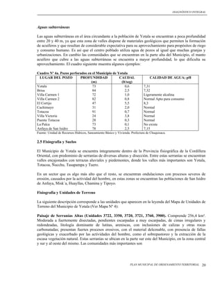 DIAGNÓSTICO INTEGRAL




Aguas subterráneas

Las aguas subterráneas en el área circundante a la población de Yotala se encuentran a poca profundidad
entre 20 y 40 m, ya que esta zona de valles dispone de materiales geológicos que permiten la formación
de acuíferos y que resultan de considerable expectativa para su aprovechamiento para propósitos de riego
y consumo humano. Es así que el centro poblado utiliza agua de pozos al igual que muchas granjas y
urbanizaciones. En cambio las comunidades que se encuentran en la parte alta del Municipio, el manto
acuífero que cubre a las aguas subterráneas se encuentra a mayor profundidad, lo que dificulta su
aprovechamiento. El cuadro siguiente muestra algunos ejemplos:

Cuadro Nº 4a. Pozos perforados en el Municipio de Yotala
 LUGAR DEL POZO           PROFUNDIDAD              CAUDAL                        CALIDAD DE AGUA; pH
                                 (m)                (lt/seg)
Yotala                            73                   0,6                   7,31
Brisa                             84                   2,5                   7,32
Villa Carmen 1                    72                   1,0                   Ligeramente alcalina
Villa Carmen 2                    82                   0,8                   Normal Apto para consumo
El Cortijo                        47                   5,5                   8,3
Cachimayo                         31                   2,0                   Normal
Totacoa                           91                   0,7                   Normal
Villa Victoria                    24                   3,8                   Normal
Puente Totacoa                    28                   0,3                   Normal
La Palca                          73                   0,1                   No existe
Anfaya de San Isidro              78                   2,5                   7,15
Fuente: Unidad de Recursos Hídricos, Saneamiento Básico y Vivienda. Prefectura de Chuquisaca.

2.5 Fisiografía y Suelos

El Municipio de Yotala se encuentra íntegramente dentro de la Provincia fisiográfica de la Cordillera
Oriental, con predominio de serranías de diversas alturas y disección. Entre estas serranías se encuentran
valles encajonados con terrazas aluviales y piedemontes, donde los valles más importantes son Yotala,
Totacoa, Ñucchu, Tasapampa y Tuero.

En un sector que es algo más alto que el resto, se encuentran ondulaciones con procesos severos de
erosión, causados por la actividad del hombre, en estas zonas se encuentran las poblaciones de San Isidro
de Anfaya, Misk´a, Huayllas, Chamina y Tipoyo.

Fisiografía y Unidades de Terreno

La siguiente descripción corresponde a las unidades que aparecen en la leyenda del Mapa de Unidades de
Terreno del Municipio de Yotala (Ver Mapa Nº 4):

Paisaje de Serranías Altas (Unidades 3722, 3350, 3720, 3721, 3760, 3900). Comprende 256,4 km².
Moderada a fuertemente disectadas, pendientes escarpadas a muy escarpadas, de cimas irregulares y
redondeadas, litología dominante de lutitas, areniscas, con inclusiones de calizas y otras rocas
carbonatadas; presentan fuertes procesos erosivos, con el material deleznable, con presencia de fallas
geológicas y exacerbado por las actividades del hombre, como el sobrepastoreo y la extracción de la
escasa vegetación natural. Estas serranías se ubican en la parte sur este del Municipio, en la zona central
y sur y al oeste del mismo. Las comunidades más importantes son




                                                                   PLAN MUNICIPAL DE ORDENAMIENTO TERRITORIAL    20
 