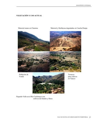 DIAGNÓSTICO INTEGRAL




VEGETACIÓN Y USO ACTUAL




  Matorral enano en Chamina                      Matorral y Herbáceas degradadas en Cancha Pampa




   Población de                                                        Terraceo
   Yotala                                                              para cultivos
                                                                       en Tipoyo




Pequeño Valle en el Río Cachimayo con
                       cultivos de frutales y flores




                                                         PLAN MUNICIPAL DE ORDENAMIENTO TERRITORIAL   27
 