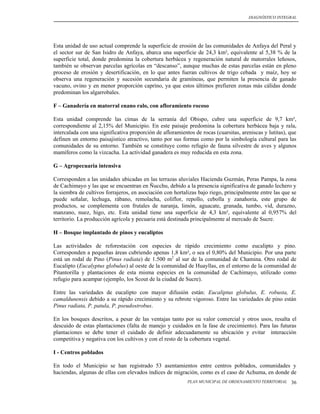 DIAGNÓSTICO INTEGRAL




Esta unidad de uso actual comprende la superficie de erosión de las comunidades de Anfaya del Peral y
el sector sur de San Isidro de Anfaya, abarca una superficie de 24,3 km², equivalente al 5,38 % de la
superficie total, donde predomina la cobertura herbácea y regeneración natural de matorrales leñosos,
también se observan parcelas agrícolas en “descanso”, aunque muchas de estas parcelas están en pleno
proceso de erosión y desertificación, en lo que antes fueran cultivos de trigo cebada y maíz, hoy se
observa una regeneración y sucesión secundaria de gramíneas, que permiten la presencia de ganado
vacuno, ovino y en menor proporción caprino, ya que estos últimos prefieren zonas más cálidas donde
predominan los algarrobales.

F – Ganadería en matorral enano ralo, con afloramiento rocoso

Esta unidad comprende las cimas de la serranía del Obispo, cubre una superficie de 9,7 km²,
correspondiente al 2,15% del Municipio. En este paisaje predomina la cobertura herbácea baja y rala,
intercalada con una significativa proporción de afloramientos de rocas (cuarsitas, areniscas y lutitas), que
definen un entorno paisajistico atractivo, tanto por sus formas como por la simbología cultural para las
comunidades de su entorno. También se constituye como refugio de fauna silvestre de aves y algunos
mamíferos como la vizcacha. La actividad ganadera es muy reducida en esta zona.

G – Agropecuaria intensiva

Corresponden a las unidades ubicadas en las terrazas aluviales Hacienda Guzmán, Peras Pampa, la zona
de Cachimayo y las que se encuentran en Ñucchu, debido a la presencia significativa de ganado lechero y
la siembra de cultivos forrajeros, en asociación con hortalizas bajo riego, principalmente entre las que se
puede señalar, lechuga, rábano, remolacha, coliflor, repollo, cebolla y zanahoria, este grupo de
productos, se complementa con frutales de naranja, limón, aguacate, granada, tumbo, vid, durazno,
manzano, nuez, higo, etc. Esta unidad tiene una superficie de 4,3 km², equivalente al 0,957% del
territorio. La producción agrícola y pecuaria está destinada principalmente al mercado de Sucre.

H – Bosque implantado de pinos y eucaliptos

Las actividades de reforestación con especies de rápido crecimiento como eucalipto y pino.
Corresponden a pequeñas áreas cubriendo apenas 1,8 km², o sea el 0,80% del Municipio. Por una parte
está un rodal de Pino (Pinus radiata) de 1.500 m2 al sur de la comunidad de Chamina. Otro rodal de
Eucalipto (Eucalyptus globulus) al oeste de la comunidad de Huayllas, en el entorno de la comunidad de
Pitantorilla y plantaciones de esta misma especies en la comunidad de Cachimayo, utilizado como
refugio para acampar (ejemplo, los Scout de la ciudad de Sucre).

Entre las variedades de eucalipto con mayor difusión están: Eucaliptus globulus, E. robusta, E.
camaldunensis debido a su rápido crecimiento y su rebrote vigoroso. Entre las variedades de pino están
Pinus radiata, P. patula, P. pseudostrobus.

En los bosques descritos, a pesar de las ventajas tanto por su valor comercial y otros usos, resalta el
descuido de estas plantaciones (falta de manejo y cuidados en la fase de crecimiento). Para las futuras
plantaciones se debe tener el cuidado de definir adecuadamente su ubicación y evitar interacción
competitiva y negativa con los cultivos y con el resto de la cobertura vegetal.

I - Centros poblados

En todo el Municipio se han registrado 53 asentamientos entre centros poblados, comunidades y
haciendas, algunas de ellas con elevados índices de migración, como es el caso de Achuma, en donde de
                                                           PLAN MUNICIPAL DE ORDENAMIENTO TERRITORIAL    36
 