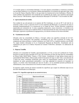 DIAGNÓSTICO INTEGRAL




15 viviendas apenas se encontraban habitadas 3. En tanto algunas comunidades se mantienen constantes
con una ligera tendencia a su crecimiento, debido principalmente a la existencia de agua para riego, como
es el caso de Tipoyo, Huayllas, Misk´a y las que están en el entorno de los ríos Cachimayo y Ñucchu. El
centro poblado más importante está constituido por la población de Yotala, cuya superficie aproximada
abarca cerca de 1.900 hectáreas, según la Resolución Municipal Nº 039/00 del 1º de noviembre de 2000.

J - Aprovechamiento de áridos

Esta unidad de uso está presente en el entorno del Río Cachimayo, en casi un 80 % del total de su
extensión. Cubre 2,5 km² y equivale al 0,55 % de la superficie del Municipio. La extracción de arena es
destinada fundamentalmente a la construcción en la ciudad de Sucre. Existen diferentes cooperativas
organizadas por comunarios de la zona y pequeños empresarios, cuyas concesiones se tramitan en la
Superintendencia de minas en la ciudad de Potosí. El desconocimiento de estas concesiones por parte del
Municipio, repercute en problemas de superposición y de cálculos erróneos de las áreas afectadas.

K – Yacimientos de arcilla

Ubicados entre las comunidades de Maica y Carvajal, cubren una superficie estimada de 0,3 km².
Existiendo otras formaciones más pequeñas, actualmente sin uso. Este yacimiento de arcilla, está
compuesto por tobas arcillosas y cenizas volcánicas, con 2.099.158 Tn y material cinerítico con 630.002
Tn, según estudios efectuados en la ex Corporación Regional de Desarrollo. Actualmente está en
explotación por parte de la Fabrica Nacional de Cemento FANCESA, destinado a la elaboración de
cemento.

L - Represa Yotalilla

Ubicada en la comunidad de Yotalilla, aproximadamente a 2.5 km. al este de la población de Yotala.
Presenta un espejo de agua calculado en 0,1 km², fue construida con fines de riego para las comunidades
de Mosoj Llajta, Molle Molle, Totacoa y Villa Carmen. Actualmente el riego apenas alcanza para la
comunidad de Molle Molle y Mosoj Llajta, donde la frecuencia de riego es cada 7 días y una duración de
3 horas por turno; resultando insuficiente para cubrir los requerimientos mínimos de los cultivos,
tratándose de suelos generalmente permeables y con baja capacidad de retención de humedad. La
represa, a la fecha viene funcionando por más de 10 años y en la actualidad presenta problemas de
sedimentación, como consecuencia de la erosión en toda la cuenca colectora.

El siguiente cuadro muestra de manera resumida las superficies que ocupan los diferentes tipos de uso
del suelo identificados en el Municipio.

Cuadro Nº 8. Superficie según tipo de uso actual de la tierra.

                                                                           Superficie    Porcentaje
        Código                     Tipo de uso del suelo
                                                                            en km²          (%)
          A      Agricultura intensiva                                         2,10          0,46
          B      Agricultura extensiva                                       23,30           5,16
          C      Ganadería extensiva en matorral enano                       61,20          13,54
          D      Ganadería extensiva en matorral decíduo ralo               321,90          71,23
          E      Ganadería extensiva en herbáceas bajas                      24,30           5,38
          F      Ganadería en matorral enano y afloramiento rocoso             4,30          0,95
          G      Agropecuaria extensiva                                        9,70          2,15
          H      Bosque implantado de pino y eucalipto                         1,80          0,40
          I      Centro poblado (Yotala)                                       0,40          0,09
                                                            PLAN MUNICIPAL DE ORDENAMIENTO TERRITORIAL   37
 