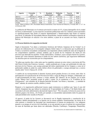 DIAGNÓSTICO INTEGRAL




     Aspecto           Extensión          %          Densidad         Población          Tasa de          NBI
                         km²                        poblacional         2001           Crecimiento
Bolivia               1’098.581,0      100,00            7,53         8’274.325              3,21        58,60
Departamento             50.793,3        4,70           10,32           531.522              1,71        70,10
Prov. Oropeza             3.658,6        0,35           61,22           241.376              3,39        45,70
Yotala                      452,0        0,04           21,01             9.497              0,01        80,30
Fuente: Mapa de Pobreza 2.001, Necesidades Básicas Insatisfechas, Censo Nacional de Población y Vivienda 2001. U. O. T. de
la Prefectura, 2002

La población del Municipio en el contexto provincial es menor al 4 %, el peso demográfico de la ciudad
de Sucre es determinante. La tasa anual de crecimiento poblacional entre los 2 últimos censos nacionales
es significativamente baja frente al contexto departamental y llamativamente baja frente al contexto
provincial. El indicador de Necesidades Básicas Insatisfechas, muestra también la dramática situación de
pobreza del Municipio en relación a los otros ámbitos, a pesar de su cercanía con Sucre, Capital de
Bolivia.

1.2 Proceso histórico de ocupación territorial

Según el documento "Los datos y testimonios históricos del Señorío Amparaes de los Yotalas" en el
proceso de elaboración por el investigador indígena Julián López S. se demuestra que la población de
Yotala y su territorio circundante correspondió a un importante señorío establecido antes de la llegada de
los conquistadores españoles, sostiene, también, que la nación de los Amparaes fue dueña de esta
provincia que abarcaba tres pueblos: Yotala, Quila Quila y Tarabuco, cuyos caciques fueron los Aymoro,
quienes por varias dinastías detentaron el poder de este señorío (territorio), que negociaron hábilmente
sus derechos para ser reconocidos por los conquistadores.

"Si saben que muchos días y años antes que los españoles entrasen en estos reinos y provincias del Piru
(del Perú) el dicho don Francisco Aymuru.... estaba nombrado por el ynga por gobernador de toda esta
provincia de los Charcas y por cacique principal del dicho repartimiento de los Ampares y como tal el
gobernador andaba en andas los cuales dichos oficios de gobernador y cacique principal uso y exercio
muchos años" A.G.I. Charcas 44. A.N.B.

A cambio de ese reconocimiento la dinastía Aymoro prestó grandes favores a la corona, entre ellos: la
participación en la pacificación de la Provincia de Chile a cargo de Diego de Almagro, colaborando con
el aprovisionamiento de maíz, carneros y ovejas, además, del "adereco" de los caminos. En la lucha
contra "Manco Inca" prestando ayuda en gente y armas. En la expedición a la "Cordillera de los
Chiriguanoes", otro miembro de la dinastía participó llevando "sus bienes y hacienda.... y cantidad de
maíz", además, de carneros castilla, caballos y armas.

Respecto a la organización poblacional incaica según testimonios se establece que "para el caso del
señorío Amaparaes hay que indicar la existencia de 10 parcialidades de Yotala y 9 de Quila Quila, que
recuerdan la división administrativa decimal del imperio Inca". "Por otra parte, la forma de acceso de los
distintos grupos a las tierras....En Yotala, por ejemplo, se encontraban representados todos los grupos de
cada parcialidad como sucedía en Pocona".

Al parecer, el poder de los Aymoro se desvaneció con la llegada instauración y constitución de la
república, debido principalmente a su ligazón con la corona española. Posteriormente, las tierras de la
zona pasaron a constituir las haciendas que transformaron el sistema de producción y los indígenas
pasaron a ser pongos al servicio de la hacienda, es en este periodo en que se realizan las construcciones
de casas de hacienda que hasta ahora son admiradas (Ñucchu, Cachimayo, Tasapampa, Pitantorilla),

                                                                   PLAN MUNICIPAL DE ORDENAMIENTO TERRITORIAL           6
 
