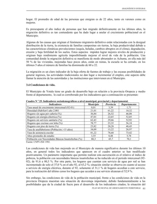 DIAGNÓSTICO INTEGRAL




hogar. El promedio de edad de las personas que emigran es de 22 años, tanto en varones como en
mujeres.

Es preocupante el alto índice de personas que han migrado definitivamente en los últimos años, la
migración definitiva es tan contundente que ha dado lugar a anular el crecimiento poblacional en el
Municipio.

Algunas de las causas que originan el fenómeno migratorio definitivo están relacionadas con la desigual
distribución de la tierra, la existencia de familias campesinas sin tierras, la baja productividad debido a
las características climáticas prevalecientes (sequía, heladas, cambios abruptos en el clima), degradación,
erosión y baja fertilidad de los suelos. Estos aspectos impiden lograr mejores niveles de producción y
originan bajo rendimiento agrícola imposibilitando mejorar el nivel de vida de la población. Una
comunidad donde la migración definitiva se manifiesta de modo abrumador es Achuma, en ella más del
50 % de las viviendas, mejoradas hace pocos años, están en ruinas, la escuela se ha cerrado, en los
últimos 5 años el número de familias ha disminuido de 60 a 22.

La migración es un claro indicador de la baja oferta de fuentes de trabajo y las escasas posibilidades de
generar ingresos, las actividades tradicionales no dan lugar a incrementar el empleo, este aspecto debe
llamar la atención de las autoridades y las instituciones que intervienen en el Municipio.

3.4 Condiciones de vida.

El Municipio de Yotala tiene un grado de desarrollo bajo en relación a la provincia Oropeza y medio
frente al departamento, lo cual es corroborado por los indicadores que a continuación se presentan:

Cuadro N º 25. Indicadores sociodemográficos a nivel municipal, provincial y departamental.
                     Indicadores                      Municipio       Provincia      Departamento
Tasa anual de crecimiento intercensal (92-01)            0,01             3,39           1,71
Densidad (Hab/km²) año 2.001                            21,01            61,22          10,32
Hogares sin agua por cañería (%)                        36,84            26,52          46,08
Hogares sin energía eléctrica (%)                       47,01            22,65          52,85
Hogares sin servicio sanitario (%)                      62,43            29,66          52,92
Hogares que cocinan con leña (%)                        78,77            23,35          56,18
Hogares con piso de tierra (%)                          23,82            20,28          48,45
Tasa de analfabetismo (Población.15 años)              34,09            13,22          26,97
Tasa de asistencia escolar                              81,22            78,68          73,42
Años promedio de estudio                                 3,55             8,48           5,78
Población con Necesidades Básicas Insatisfechas (%)      80,3             45,7           70,1
Fuente: CNPV-INE 1992.

Las condiciones de vida han mejorado en el Municipio de manera significativa durante los últimos 10
años, en general todos los indicadores que aparecen en el cuadro anterior se han modificado
positivamente. Un parámetro importante que permite realizar esta aseveración es el relativo al índice de
pobreza, la población con necesidades básicas insatisfechas se ha reducido en el período intercensal (92-
02), de 91,6 a 80,3 %. Por otra parte, los hogares que cuentan con servicio de agua por red se han
incrementado de solo el 37,0 % en el año 92, al 63,2 %; situación similar se observa en cuanto al acceso
a servicio de energía eléctrica, durante el 92, solamente el 31,1 % de hogares accedían a este servicio,
para la realización del último censo los hogares que acceden a ese servicio alcanzan el 52,9 %.

Sin embargo, las condiciones de vida de la población municipal, frente a las condiciones de vida en la
provincia Oropeza muestran una situación de desventaja importante, debido fundamentalmente a las
posibilidades que da la ciudad de Sucre para el desarrollo de los indicadores citados; la situación del
                                                           PLAN MUNICIPAL DE ORDENAMIENTO TERRITORIAL   61
 
