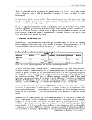 DIAGNÓSTICO INTEGRAL




Municipio comparada con la del conjunto del Departamento, tiene grandes coincidencias, aunque
algunos indicadores como el NBI del Municipio se encuentra 10 puntos por debajo del índice
departamental.

La situación a nivel de los cantones también refleja avances importantes, sin embargo, el cantón Yotala
es el que mas se ha beneficiado, este cantón concentra gran parte de la población municipal, así como los
servicios y variados beneficios para su población.

Si bien lo expuesto anteriormente muestra un importante avance en el desarrollo social, existen
elementos importantes que posibilitan el desarrollo integral de las personas y que no son atendidos, se
trata de la recreación, los niños ý jóvenes, a mas de algunas canchas deportivas no cuentan con otras
posibilidades para la expansión, los pocos parques infantiles están poco menos que deshechos, las plazas
a mas del principal centro poblado, no existen.

3.5 Condiciones y acceso a educación

Las condiciones en que se desarrolla la educación, así como el acceso a este servicio han mejorado
durante los últimos años, aunque no del modo esperado, sin embargo, el incremento en más de 10 % de
la tasa de alfabetismo logrado en el periodo inter-censal 92-01 representa el principal avance.


Cuadro Nº 26. Tasa de alfabetismo a nivel municipal y departamental
                                            CENSO 1.992
Población          Hombres            Mujeres      Población Departamental Hombres                   Mujeres
Municipal
49,81              62,86              38,12        60,52                   70,53                     51,57
                                            CENSO 2.001
65,91              77,43              55,28        73,03                   81,52                     65,21
Fuente: Censo Nacional de Población y Vivienda 2.001, Chuquisaca: resultados departamentales.

La tasa de alfabetismo para la población mayor a 15 años en el Municipio de Yotala, muestra un claro e
importante avance en relación al Censo del 92, aunque comparando este indicador según sexo, la
situación de la mujer es todavía muy desventajosa, el analfabetismo en las mujeres es superior en más del
20 % que en los varones. A nivel provincial la tasa de alfabetismo alcanza al 84,8 %, siendo de 90,5 %
para la población masculina y 79,7 % para la población femenina, el peso de la ciudad de Sucre incide
fuertemente para que se manifieste de esa manera la tasa de alfabetismo. Comparando la situación del
Municipio de Yotala frente a la del conjunto del Departamento, se observa un desarrollo similar, sin
embargo, la situación del Municipio ha variado más favorablemente respecto a este indicador.

La tasa de abandono escolar para la gestión 2.001 alcanza al 9,3 %, debido, entre otros, a factores
económicos, a la lejanía de las viviendas respecto de los centros educativos y a la incorporación de los
niños al trabajo agropecuario. La tasa de abandono escolar en relación a la gestión 1.998 ha disminuido,
durante ese año alcanzó al 11,2 %, esta relación refleja una actitud positiva de la población en edad
escolar.

Las condiciones de educación tienen que ver también con el estado de la infraestructura educativa, los
centros educativos del Municipio, en general, presentan condiciones inapropiadas para la enseñanza a
excepción de algunas escuelas recientemente construidas gracias al co-financiamiento del FIS. El
mobiliario en general se encuentra en regular estado, aunque es insuficiente, en la mayor parte de los
establecimientos . El 96 % de los profesores son titulados. En todos los cantones existe enseñanza básica
y secundario, en la capital del Municipio funcionan varios establecimientos de educación secundaria lo
cual se constituye en una ventaja importante para los jóvenes de este cantón que, también, tienen mejores
                                                                   PLAN MUNICIPAL DE ORDENAMIENTO TERRITORIAL    62
 