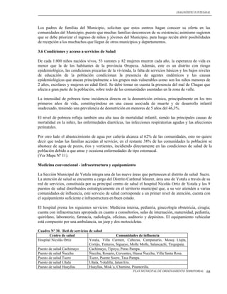 DIAGNÓSTICO INTEGRAL




Los padres de familias del Municipio, solicitan que estos centros hagan conocer su oferta en las
comunidades del Municipio, puesto que muchas familias desconocen de su existencia; asimismo sugieren
que se debe priorizar el ingreso de niños y jóvenes del Municipio, para luego recién abrir posibilidades
de recepción a los muchachos que llegan de otros municipios y departamentos.

3.6 Condiciones y acceso a servicios de Salud

De cada 1.000 niños nacidos vivos, 53 varones y 82 mujeres mueren cada año, la esperanza de vida es
menor que la de los habitantes de la provincia Oropeza. Además, este es un distrito con riesgo
epidemiológico, las condiciones precarias de la vivienda, la falta de servicios básicos y los bajos niveles
de educación de la población condicionan la presencia de agentes endémicos y las causas
epidemiológicas que atacan principalmente a los grupos más vulnerables como son los niños menores de
2 años, escolares y mujeres en edad fértil. Se debe tomar en cuenta la presencia del mal de Chagas que
afecta a gran parte de la población, sobre todo de las comunidades asentadas en la zona de valle.

La intensidad de pobreza tiene incidencia directa en la desnutrición crónica, principalmente en los tres
primeros años de vida, constituyéndose en una causa asociada de muerte y de desarrollo infantil
inadecuado, teniendo una prevalencia de desnutrición en menores de 5 años del 46,3%.

El nivel de pobreza refleja también una alta tasa de mortalidad infantil, siendo las principales causas de
mortalidad en la niñez, las enfermedades diarréicas, las infecciones respiratorias agudas y las afecciones
perinatales.

Por otro lado el abastecimiento de agua por cañería alcanza al 62% de las comunidades, esto no quiere
decir que todas las familias accedan al servicio; en el restante 38% de las comunidades la población se
abastece de agua de pozos, ríos y vertientes, incidiendo directamente en las condiciones de salud de la
población debido a que atrae y ocasiona enfermedades de tipo estomacal.
(Ver Mapa Nº 11).

Medicina convencional - infraestructura y equipamiento

La Sección Municipal de Yotala integra una de las nueve áreas que pertenecen al distrito de salud Sucre.
La atención de salud se encuentra a cargo del Distrito Cardenal Maurer, área uno de Yotala a través de su
red de servicios, constituida por su principal centro de salud el hospital Nicolás Ortiz de Yotala y los 9
puestos de salud distribuidos estratégicamente en el territorio municipal que, a su vez atienden a varias
comunidades de influencia, este servicio de salud corresponde a un primer nivel de atención, cuenta con
el equipamiento suficiente e infraestructura en buen estado.

El hospital presta los siguientes servicios: Medicina interna, pediatría, ginecología obstetricia, cirugía;
cuenta con infraestructura apropiada en cuanto a consultorios, salas de internación, maternidad, pediatría,
quirófano, laboratorio, farmacia, radiología, oficinas, auditorio y depósitos. El equipamiento vehicular
está compuesto por una ambulancia, un jeep y dos motocicletas.

Cuadro Nº 30. Red de servicios de salud
       Centro de salud                            Comunidades de influencia
Hospital Nicolás Ortiz         Yotala, Villa Carmen, Cabezas, Campanario, Mosoj Llajta,
                               Cortijo, Tinteros, Siguayo, Molle Molle, Salancachi, Tirquipata.
Puesto de salud Cachimayo      Cachimayo, Tipoyo, Peras Pampa.
Puesto de salud Ñucchu         Ñucchu, Rosario, Cervantes, Huasa Ñucchu, Villa Santa Rosa.
Puesto de salud Tuero          Tuero, Puente Sucre, Tasa Pampa.
Puesto de salud Uñala          Uñala, Yotalilla, Jatun Era.
Puesto de salud Huayllas       Huayllas, Misk´a, Chamina, Pitantorilla.
                                                            PLAN MUNICIPAL DE ORDENAMIENTO TERRITORIAL   68
 