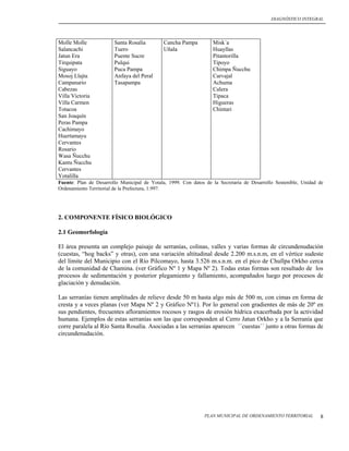 DIAGNÓSTICO INTEGRAL




Molle Molle             Santa Rosalía         Cancha Pampa         Misk´a
Salancachi              Tuero                 Uñala                Huayllas
Jatun Era               Puente Sucre                               Pitantorilla
Tirquipata              Pulqui                                     Tipoyo
Siguayo                 Puca Pampa                                 Chimpa Ñucchu
Mosoj Llajta            Anfaya del Peral                           Carvajal
Campanario              Tasapampa                                  Achuma
Cabezas                                                            Calera
Villa Victoria                                                     Tipaca
Villa Carmen                                                       Higueras
Totacoa                                                            Chintari
San Joaquín
Peras Pampa
Cachimayo
Huertamayu
Cervantes
Rosario
Wasa Ñucchu
Kantu Ñucchu
Cervantes
Yotalilla
Fuente: Plan de Desarrollo Municipal de Yotala, 1999. Con datos de la Secretaría de Desarrollo Sostenible, Unidad de
Ordenamiento Territorial de la Prefectura, 1.997.




2. COMPONENTE FÍSICO BIOLÓGICO

2.1 Geomorfología

El área presenta un complejo paisaje de serranías, colinas, valles y varias formas de circundenudación
(cuestas, “hog backs” y otras), con una variación altitudinal desde 2.200 m.s.n.m, en el vértice sudeste
del límite del Municipio con el Río Pilcomayo, hasta 3.526 m.s.n.m. en el pico de Chullpa Orkho cerca
de la comunidad de Chamina. (ver Gráfico Nº 1 y Mapa Nº 2). Todas estas formas son resultado de los
procesos de sedimentación y posterior plegamiento y fallamiento, acompañados luego por procesos de
glaciación y denudación.

Las serranías tienen amplitudes de relieve desde 50 m hasta algo más de 500 m, con cimas en forma de
cresta y a veces planas (ver Mapa Nº 2 y Gráfico Nº1). Por lo general con gradientes de más de 20º en
sus pendientes, frecuentes afloramientos rocosos y rasgos de erosión hídrica exacerbada por la actividad
humana. Ejemplos de estas serranías son las que corresponden al Cerro Jatun Orkho y a la Serranía que
corre paralela al Río Santa Rosalía. Asociadas a las serranías aparecen ´´cuestas´´ junto a otras formas de
circundenudación.




                                                                PLAN MUNICIPAL DE ORDENAMIENTO TERRITORIAL        8
 