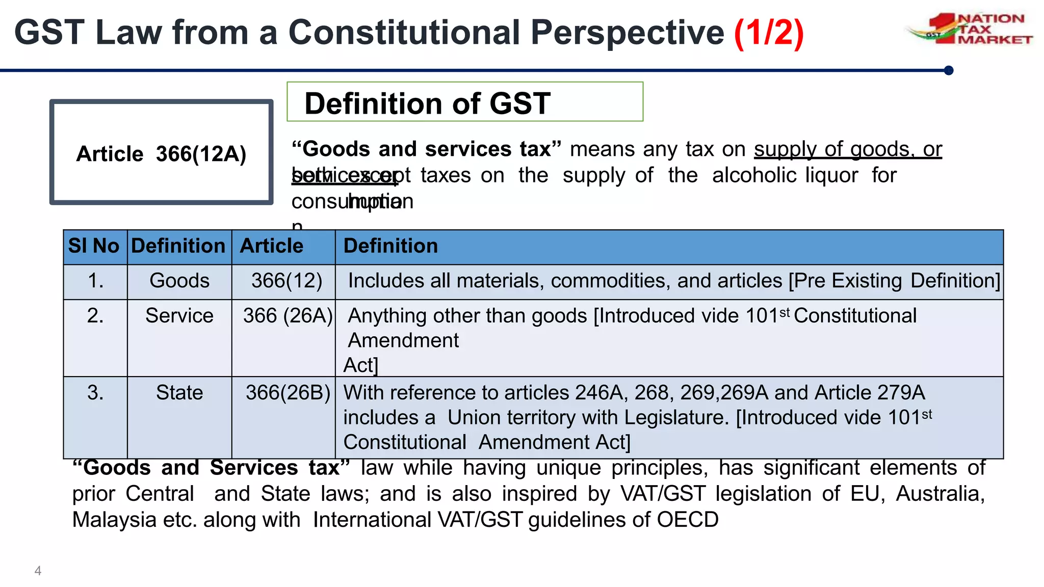 “Goods and services tax” means any tax on supply of goods, or
services or
4
both except taxes on the supply of the alcoholic liquor for
human
consumptio
n
Article 366(12A)
Definition of GST
Sl No Definition Article Definition
1. Goods 366(12) Includes all materials, commodities, and articles [Pre Existing Definition]
2. Service 366 (26A) Anything other than goods [Introduced vide 101st Constitutional
Amendment
Act]
3. State 366(26B) With reference to articles 246A, 268, 269,269A and Article 279A
includes a Union territory with Legislature. [Introduced vide 101st
Constitutional Amendment Act]
“Goods and Services tax” law while having unique principles, has significant elements of
prior Central and State laws; and is also inspired by VAT/GST legislation of EU, Australia,
Malaysia etc. along with International VAT/GST guidelines of OECD
GST Law from a Constitutional Perspective (1/2)
 