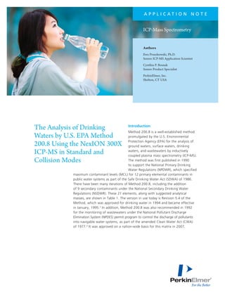 Application Note: The Analysis of Drinking Waters by U.S. EPA Method 200.8  Using the NexION 300X ICP-MS in Standard and Collision Modes | PDF