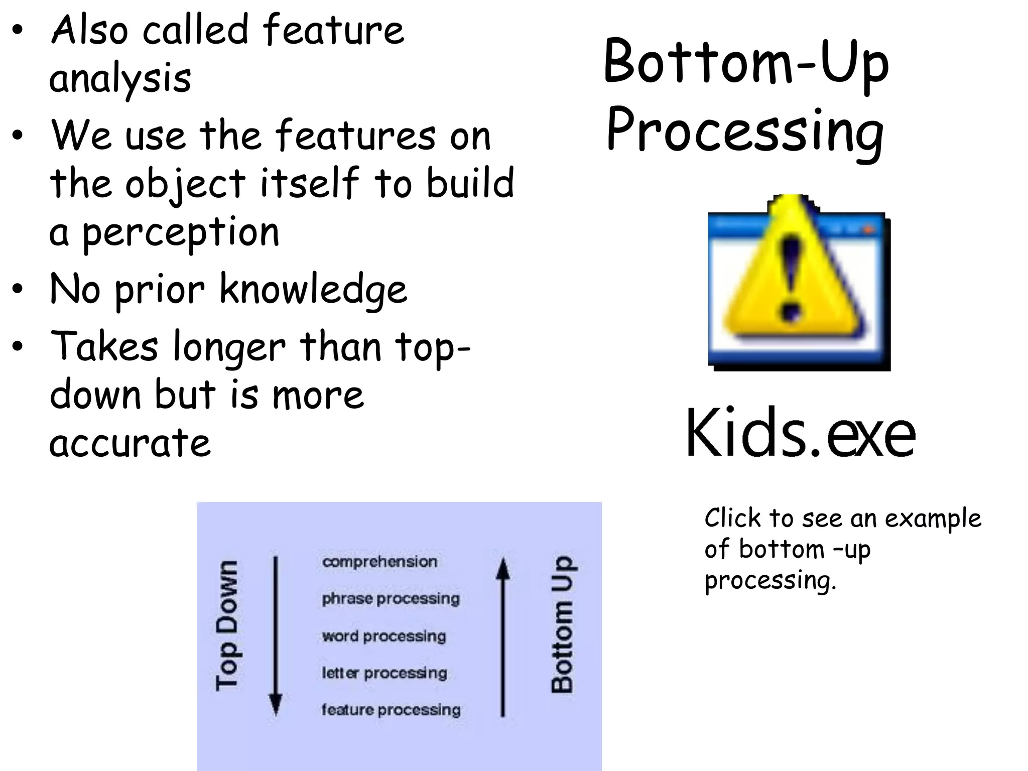Bottom-Up
Processing
• Also called feature
analysis
• We use the features on
the object itself to build
a perception
• No prior knowledge
• Takes longer than top-
down but is more
accurate
Click to see an example
of bottom –up
processing.
 