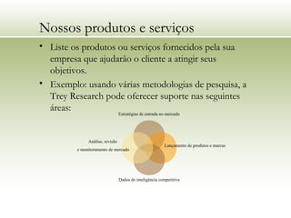 Nossos produtos e serviços
• Liste os produtos ou serviços fornecidos pela sua
empresa que ajudarão o cliente a atingir seus
objetivos.
• Exemplo: usando várias metodologias de pesquisa, a
Trey Research pode oferecer suporte nas seguintes
áreas:
Estratégias de entrada no mercado
Lançamento de produtos e marcas
Dados de inteligência competitiva
Análise, revisão
e monitoramento de mercado
 
