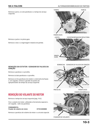 ALTERNADOR/EMBREAGEM DE PARTIDA
10-3
Remova a porca, os sete parafusos e a tampa da carcaça
esquerda.
PARAFUSOS
TAMPA PORCA
REMOÇÃO DO ESTATOR / GERADOR DE PULSOS DA
IGNIÇÃO
Remova o parafuso e a presilha.
Remova os dois parafusos e a presilha.
Remova os três parafusos do estator e a borracha da fiação
e, em seguida, remova o gerador de pulsos da
ignição/estator da tampa da carcaça esquerda.
PRESILHA PARAFUSOS
BORRACHA GERADOR DE PULSOS DA IGNIÇÃO
REMOÇÃO DO VOLANTE DO MOTOR
Remova a tampa da carcaça esquerda (pág. 10-2).
Fixe o volante do motor, utilizando a ferramenta especial e,
em seguida, solte seu parafuso.
FERRAMENTA:
Fixador do volante do motor 07725-0040000
Remova o parafuso do volante do motor e a arruela especial.
FIXADOR DO VOLANTE
PARAFUSO/ARRUELA
Remova a junta e os pinos-guia.
Remova o eixo e a engrenagem redutora de partida.
JUNTA EIXO/ENGRENAGEM REDUTORA
NX-4 FALCON
PINOS-
GUIA
PARAFUSO
PARAFUSOS
ESTATOR
 