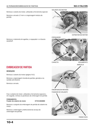 ALTERNADOR/EMBREAGEM DE PARTIDA
10-4
Remova o volante do motor, utilizando a ferramenta especial.
Remova a arruela 3,7 mm e a engrenagem motora de
partida.
EXTRATOR DO ROTOR
VOLANTE DO MOTOR
EMBREAGEM DE PARTIDA
REMOÇÃO
Remova o volante do motor (página 10-3).
Remova a engrenagem movida de partida, girando-a no
sentido anti-horário.
Remova a arruela.
ENGRENAGEM MOVIDA
ARRUELA
Fixe o volante do motor, utilizando a ferramenta especial e,
em seguida, remova os parafusos da embreagem de partida.
FERRAMENTA:
Fixador do volante do motor 07725-0040000
Remova o conjunto da embreagem de partida do volante do
motor.
Remova a embreagem unidirecional da carcaça da
embreagem de partida.
PARAFUSOS
FIXADOR DO VOLANTE
Remova o rolamento de agulhas, o espaçador e a chaveta
woodruff.
CHAVETA ROLAMENTO
ESPAÇADOR
NX-4 FALCON
 
