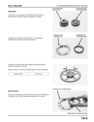 ALTERNADOR/EMBREAGEM DE PARTIDA
10-5
INSPEÇÃO
Inspecione a engrenagem intermediária de partida e a
engrenagem redutora quanto a desgaste ou danos.
ENGRENAGEM ENGRENAGEM
REDUTORA INTERMEDIÁRIA
Inspecione os dentes da engrenagem movida de partida
quanto a desgaste ou danos.
Meça o diâmetro externo da engrenagem movida de partida.
Limite de Uso 51,67 mm
INSTALAÇÃO
Instale a embreagem unidirecional na carcaça da embreagem
de partida, com o lado flangeado voltado para o estator.
EMBREAGEM UNIDIRECIONAL
CARCAÇA DA EMBREAGEM
Inspecione a carcaça da embreagem e a embreagem
unidirecional quanto a desgaste ou danos.
CARCAÇA DA EMBREAGEM
EMBREAGEM UNIDIRECIONAL
NX-4 FALCON
 