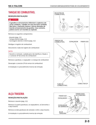 CHASSI/CARENAGEM/SISTEMA DE ESCAPAMENTO
2-3
TANQUE DE COMBUSTÍVEL
REMOÇÃO/INSTALAÇÃO
c
Remova os seguintes componentes:
- Assento (pág. 2-2)
- Tampas laterais (pág. 2-2)
- Carenagens laterais e interna (pág. 2-2)
Desligue o registro de combustível.
Desconecte o tubo do registro de combustível.
NOTA
Remova o parafuso, o espaçador e o tanque de combustível.
Desacople o conector 2P do sensor de combustível.
A instalação é o procedimento inverso da remoção.
Durante a remoção, cuidado para não danificar a fiação e
o conector 2P do sensor de combustível.
A gasolina é extremamente inflamável e explosiva sob
certas condições. Trabalhe em uma área bem ventilada.
Não fume e mantenha chamas e faíscas afastadas do
local de armazenamento da gasolina. Caso contrário,
poderá ocorrer um incêndio ou explosão.
ALÇA TRASEIRA
REMOÇÃO/INSTALAÇÃO
Remova o assento (pág. 2-2).
Remova os quatro parafusos, os espaçadores, as borrachas e
a alça traseira.
Remova os dois parafusos de conexão e retire a alça traseira.
A instalação é o procedimento inverso da remoção.
NX-4 FALCON
REGISTRO DE
COMBUSTÍVEL
ON ON
OFF OFF
TANQUE DE
COMBUSTÍVEL ESPAÇADOR PARAFUSO
TUBO DE
COMBUSTÍVEL
CONECTOR 2P
PARAFUSO
ESPAÇADOR
ESPAÇADOR
DE BORRACHA
ALÇA
TRASEIRA
PARAFUSOS
DE CONEXÃO
 