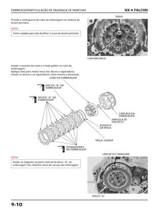 EMBREAGEM/ARTICULAÇÃO DE MUDANÇA DE MARCHAS
9-10
Prenda a contraporca do cubo da embreagem na ranhura da
árvore primária.
NOTA
Tome cuidado para não danificar a rosca da árvore primária.
CONTRAPORCA
TRAVE
NOTA
Instale as lingüetas da parte externa do disco “A“ da
embreagem nos rebaixos rasos da carcaça da embreagem.
DISCO “A”
LINGÜETA E RANHURA
Instale o assento da mola e a mola judder no cubo da
embreagem.
Aplique óleo para motor novo nos discos e separadores.
Instale os discos e os separadores como mostra a ilustração.
NX-4 FALCON
DISCOS “B” DA
EMBREAGEM
DISCOS “A” DA
EMBREAGEM
CUBO DA EMBREAGEM
SEPARADORES
DA EMBREAGEM
MOLA JUDDER
ASSENTO
DA MOLA
ARRUELA DE
ENCOSTO
CARCAÇA DA
EMBREAGEM
ÓLEO
ÓLEO
ÓLEO
 