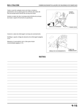 EMBREAGEM/ARTICULAÇÃO DE MUDANÇA DE MARCHAS
9-15
Cubra o anel de vedação novo com óleo e instale-o
juntamente com os pinos-guia nos orifícios dos tubos de
óleo da tampa lateral direita da carcaça do motor.
Instale os tubos de óleo na tampa lateral direita da carcaça
do motor e aperte firmemente os parafusos.
Conecte o cabo da embreagem no braço de acionamento.
Verifique e ajuste a folga da alavanca da embreagem (página
3-21).
Abasteça o reservatório com o óleo para motor
recomendado (página 3-11).
NX-4 FALCON
TUBOS
DE ÓLEO
PINOS-GUIA
ANÉIS DE VEDAÇÃO PARAFUSOS
BRAÇO DE ACIONAMENTO
CABO DA
EMBREAGEM
ÓLEO
NOVO
NOTAS
 