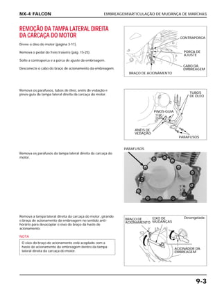 EMBREAGEM/ARTICULAÇÃO DE MUDANÇA DE MARCHAS
9-3
REMOÇÃO DA TAMPA LATERAL DIREITA
DA CARCAÇA DO MOTOR
Drene o óleo do motor (página 3-11).
Remova o pedal do freio traseiro (pág. 15-25).
Solte a contraporca e a porca de ajuste da embreagem.
Desconecte o cabo do braço de acionamento da embreagem.
Remova os parafusos da tampa lateral direita da carcaça do
motor.
PARAFUSOS
Remova a tampa lateral direita da carcaça do motor, girando
o braço de acionamento da embreagem no sentido anti-
horário para desacoplar o eixo do braço da haste de
acionamento.
NOTA
O eixo do braço de acionamento está acoplado com a
haste de acionamento da embreagem dentro da tampa
lateral direita da carcaça do motor.
Remova os parafusos, tubos de óleo, anéis de vedação e
pinos-guia da tampa lateral direita da carcaça do motor.
NX-4 FALCON
CONTRAPORCA
PORCA DE
AJUSTE
CABO DA
EMBREAGEM
BRAÇO DE ACIONAMENTO
TUBOS
DE ÓLEO
PINOS-GUIA
ANÉIS DE
VEDAÇÃO
PARAFUSOS
BRAÇO DE
ACIONAMENTO
EIXO DE
MUDANÇAS
Desengatada:
ACIONADOR DA
EMBREAGEM
 
