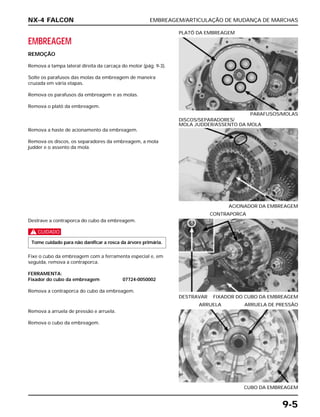 EMBREAGEM/ARTICULAÇÃO DE MUDANÇA DE MARCHAS
9-5
EMBREAGEM
REMOÇÃO
Remova a tampa lateral direita da carcaça do motor (pág. 9-3).
Solte os parafusos das molas da embreagem de maneira
cruzada em vária etapas.
Remova os parafusos da embreagem e as molas.
Remova o platô da embreagem.
PARAFUSOS/MOLAS
PLATÔ DA EMBREAGEM
Destrave a contraporca do cubo da embreagem.
c
Fixe o cubo da embreagem com a ferramenta especial e, em
seguida, remova a contraporca.
FERRAMENTA:
Fixador do cubo da embreagem 07724-0050002
Remova a contraporca do cubo da embreagem.
Tome cuidado para não danificar a rosca da árvore primária.
DESTRAVAR FIXADOR DO CUBO DA EMBREAGEM
CONTRAPORCA
Remova a arruela de pressão e arruela.
Remova o cubo da embreagem.
CUBO DA EMBREAGEM
ARRUELA ARRUELA DE PRESSÃO
Remova a haste de acionamento da embreagem.
Remova os discos, os separadores da embreagem, a mola
judder e o assento da mola.
ACIONADOR DA EMBREAGEM
DISCOS/SEPARADORES/
MOLA JUDDER/ASSENTO DA MOLA
NX-4 FALCON
 