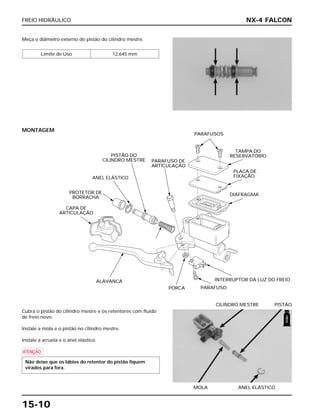FREIO HIDRÁULICO
15-10
Meça o diâmetro externo do pistão do cilindro mestre.
Limite de Uso 12,645 mm
Cubra o pistão do cilindro mestre e os retentores com fluido
de freio novo.
Instale a mola e o pistão no cilindro mestre.
Instale a arruela e o anel elástico.
a
Não deixe que os lábios do retentor do pistão fiquem
virados para fora.
MOLA ANEL ELÁSTICO
CILINDRO MESTRE PISTÃO
MONTAGEM
NX-4 FALCON
PORCA
PARAFUSOS
PARAFUSO
DIAFRAGMA
INTERRUPTOR DA LUZ DO FREIOALAVANCA
ANEL ELÁSTICO
PROTETOR DE
BORRACHA
CAPA DE
ARTICULAÇÃO
PISTÃO DO
CILINDRO MESTRE
TAMPA DO
RESERVATÓRIO
PARAFUSO DE
ARTICULAÇÃO
PLACA DE
FIXAÇÃO
FREIO
 