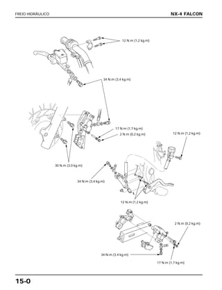 15-0
FREIO HIDRÁULICO NX-4 FALCON
12 N.m (1,2 kg.m)
12 N.m (1,2 kg.m)
12 N.m (1,2 kg.m)
30 N.m (3,0 kg.m)
34 N.m (3,4 kg.m)
34 N.m (3,4 kg.m)
34 N.m (3,4 kg.m)
17 N.m (1,7 kg.m)
17 N.m (1,7 kg.m)
2 N.m (0,2 kg.m)
2 N.m (0,2 kg.m)
 