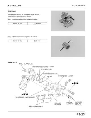 FREIO HIDRÁULICO
15-23
INSPEÇÃO
Inspecione o cilindro do cáliper e o pistão quanto a
escoriações, riscos ou outros danos.
Meça o diâmetro interno do cilindro do cáliper.
Limite de Uso 27,060 mm
Meça o diâmetro externo do pistão do cáliper.
Limite de Uso 26,91 mm
NX-4 FALCON
MONTAGEM
BUJÃO DO
PINO DA
PASTILHA
MOLA DA PASTILHA
VEDADOR DE PÓ
CARCAÇA DO CÁLIPER
PASTILHAS DE FREIO
MOLA DA
PASTILHA
PINO DA
PASTILHA
PROTETOR DO PINO SUPORTE
PISTÃO
VEDADOR DO PISTÃO
PROTETOR DO PINO DO CÁLIPER
S
S
 