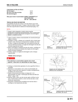 MANUTENÇÃO
3-11
Capacidade do Óleo do Motor:
Na drenagem 1,7 l
Na troca com filtro de óleo 1,8 l
Na desmontagem 2,2 l
Óleo para motor recomendado: MOBIL SUPERMOTO 4T
MULTIVISCOSO
API -SF – SAE 20W-50
TROCA DO ÓLEO DO MOTOR
A qualidade do óleo do motor é um dos fatores que mais
afetam a vida útil do motor. Troque o óleo do motor a cada
intervalo especificado na tabela de manutenção (pág. 3-3).
NOTA
1. Ligue o motor e deixe-o funcionando em marcha lenta por
alguns minutos.
2. Desligue o motor, coloque um recipiente sob o motor para
coletar o óleo. Remova a tampa/vareta medidora do nível
de óleo, o bujão de drenagem do reservatório de óleo da
carcaça direita do motor e o bujão de drenagem de óleo da
carcaça esquerda do motor.
3. Após a drenagem completa do óleo do motor, certifique-se
de que as arruelas de vedação dos bujões de drenagem
estão em boas condições.
4. Instale e aperte os bujões de drenagem com o torque
especificado.
TORQUE: 25 N.m (2,5 kg.m)
c
5. Coloque a motocicleta apoiada em uma superfície firme e
nivelada.
6. Abasteça o reservatório com o óleo recomendado até
atingir a marca do nível superior e instale a tampa/vareta
medidora do nível de óleo.
7. Repita minuciosamente todas as etapas de 1 a 5
apresentadas na seção “Verificação do Nível de Óleo do
Motor” (pág. 3-10).
8. Apenas volte a fazer uso do veículo após certificar-se de
que a motocicleta contém o nível correto de óleo e está
isenta de vazamentos.
9. Reinstale a tampa/vareta medidora do nível de óleo e
verifique se há vazamento de óleo.
Para abastecer o reservatório superior até o nível
superior, o óleo deve ser adicionado em duas etapas.
Troque o óleo enquanto o motor estiver quente
(temperatura normal de funcionamento), com a motocicleta
apoiada no cavalete lateral para assegurar uma drenagem
rápida e completa do óleo.
NX-4 FALCON
NÍVEL
SUPERIOR
NÍVEL
INFERIOR
TAMPA/VARETA MEDIDORA
DO NÍVEL DE ÓLEO
PARAFUSO DE DRENAGEM/
ARRUELA DE VEDAÇÃO
NÍVEL
SUPERIOR
NÍVEL
INFERIOR
TAMPA/VARETA MEDIDORA
DO NÍVEL DE ÓLEO
 