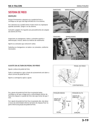 MANUTENÇÃO
3-19
SISTEMA DE FREIO
INSPEÇÃO
Acione firmemente a alavanca ou o pedal do freio e
certifique-se de que não haja entrada de ar no sistema.
Se a alavanca ou o pedal estiver muito macio ou esponjoso
quando acionado, sangre o ar do sistema.
Consulte a página 15-4 quanto aos procedimentos de sangria
do sistema de freio.
DIANTEIRO: MANGUEIRAS
AJUSTE DA ALTURA DO PEDAL DO FREIO
Ajuste a altura do pedal do freio.
Solte a contraporca e gire a haste de acionamento até obter a
altura correta do pedal do freio.
Aperte a contraporca após o ajuste.
Se o ajuste do pedal do freio ficar na posição baixa,
certifique-se de que a folga entre a extremidade inferior da
haste de empuxo e o pedal do freio não seja menor do que 1
mm.
Se o ajuste do pedal do freio ficar na posição alta, não deixe
a rosca da extremidade inferior da haste de empuxo ficar na
parte interna da junção do pedal do freio.
Inspecione as mangueiras, tubos e conexões quanto a
deterioração, trincas, danos ou indícios de vazamento.
Aperte as conexões que estiverem soltas.
Substitua as mangueiras, os tubos e as conexões, conforme
necessário.
TRASEIRO: MANGUEIRAS
NX-4 FALCON
PEDAL DO FREIO
CONTRAPORCA
POSIÇÃO BAIXA:
HASTE DE
EMPUXO
FOLGA
PEDAL
POSIÇÃO ALTA:
HASTE DE
EMPUXO
JUNÇÃO
 