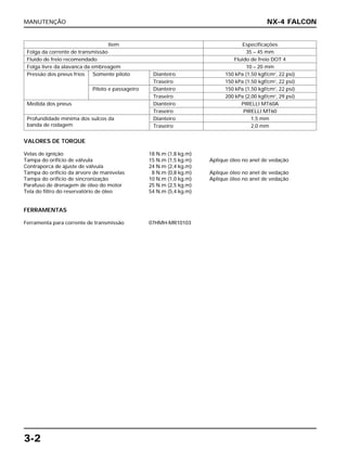 MANUTENÇÃO
3-2
VALORES DE TORQUE
Velas de ignição 18 N.m (1,8 kg.m)
Tampa do orifício de válvula 15 N.m (1,5 kg.m) Aplique óleo no anel de vedação
Contraporca de ajuste de válvula 24 N.m (2,4 kg.m)
Tampa do orifício da árvore de manivelas 8 N.m (0,8 kg.m) Aplique óleo no anel de vedação
Tampa do orifício de sincronização 10 N.m (1,0 kg.m) Aplique óleo no anel de vedação
Parafuso de drenagem de óleo do motor 25 N.m (2,5 kg.m)
Tela do filtro do reservatório de óleo 54 N.m (5,4 kg.m)
FERRAMENTAS
Ferramenta para corrente de transmissão 07HMH-MR10103
NX-4 FALCON
Item Especificações
Folga da corrente de transmissão 35 – 45 mm
Fluido de freio recomendado Fluido de freio DOT 4
Folga livre da alavanca da embreagem 10 – 20 mm
Pressão dos pneus frios Somente piloto Dianteiro 150 kPa (1,50 kgf/cm2
, 22 psi)
Traseiro 150 kPa (1,50 kgf/cm2
, 22 psi)
Piloto e passageiro Dianteiro 150 kPa (1,50 kgf/cm2
, 22 psi)
Traseiro 200 kPa (2,00 kgf/cm2
, 29 psi)
Medida dos pneus Dianteiro PIRELLI MT60A
Traseiro PIRELLI MT60
Profundidade mínima dos sulcos da Dianteiro 1,5 mm
banda de rodagem Traseiro 2,0 mm
 