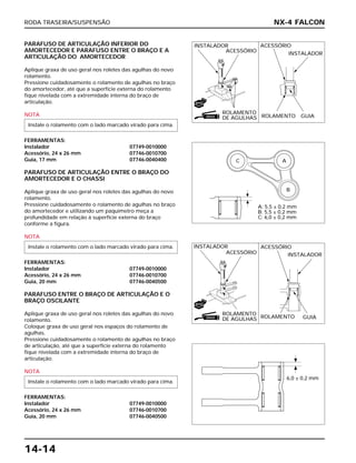 RODA TRASEIRA/SUSPENSÃO
14-14
PARAFUSO DE ARTICULAÇÃO INFERIOR DO
AMORTECEDOR E PARAFUSO ENTRE O BRAÇO E A
ARTICULAÇÃO DO AMORTECEDOR
Aplique graxa de uso geral nos roletes das agulhas do novo
rolamento.
Pressione cuidadosamente o rolamento de agulhas no braço
do amortecedor, até que a superfície externa do rolamento
fique nivelada com a extremidade interna do braço de
articulação.
NOTA
FERRAMENTAS:
Instalador 07749-0010000
Acessório, 24 x 26 mm 07746-0010700
Guia, 17 mm 07746-0040400
PARAFUSO DE ARTICULAÇÃO ENTRE O BRAÇO DO
AMORTECEDOR E O CHASSI
Aplique graxa de uso geral nos roletes das agulhas do novo
rolamento.
Pressione cuidadosamente o rolamento de agulhas no braço
do amortecedor e utilizando um paquímetro meça a
profundidade em relação à superfície externa do braço
conforme a figura.
NOTA
FERRAMENTAS:
Instalador 07749-0010000
Acessório, 24 x 26 mm 07746-0010700
Guia, 20 mm 07746-0040500
PARAFUSO ENTRE O BRAÇO DE ARTICULAÇÃO E O
BRAÇO OSCILANTE
Aplique graxa de uso geral nos roletes das agulhas do novo
rolamento.
Coloque graxa de uso geral nos espaços do rolamento de
agulhas.
Pressione cuidadosamente o rolamento de agulhas no braço
de articulação, até que a superfície externa do rolamento
fique nivelada com a extremidade interna do braço de
articulação.
NOTA
FERRAMENTAS:
Instalador 07749-0010000
Acessório, 24 x 26 mm 07746-0010700
Guia, 20 mm 07746-0040500
Instale o rolamento com o lado marcado virado para cima.
Instale o rolamento com o lado marcado virado para cima.
Instale o rolamento com o lado marcado virado para cima.
NX-4 FALCON
INSTALADOR
ACESSÓRIO
ACESSÓRIO
INSTALADOR
ROLAMENTO
DE AGULHAS ROLAMENTO GUIA
INSTALADOR
ACESSÓRIO
ACESSÓRIO
INSTALADOR
ROLAMENTO
ROLAMENTO
DE AGULHAS GUIA
NOVO
GRAXA
NOVO
GRAXA
A: 5,5 ± 0,2 mm
B: 5,5 ± 0,2 mm
C: 6,0 ± 0,2 mm
6,0 ± 0,2 mm
A
B
C
 