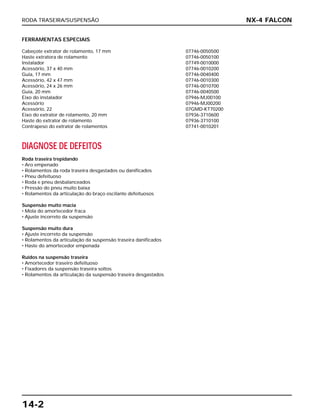 RODA TRASEIRA/SUSPENSÃO
14-2
FERRAMENTAS ESPECIAIS
Cabeçote extrator de rolamento, 17 mm 07746-0050500
Haste extratora de rolamento 07746-0050100
Instalador 07749-0010000
Acessório, 37 x 40 mm 07746-0010200
Guia, 17 mm 07746-0040400
Acessório, 42 x 47 mm 07746-0010300
Acessório, 24 x 26 mm 07746-0010700
Guia, 20 mm 07746-0040500
Eixo do instalador 07946-MJ00100
Acessório 07946-MJ00200
Acessório, 22 07GMD-KT70200
Eixo do extrator de rolamento, 20 mm 07936-3710600
Haste do extrator de rolamento 07936-3710100
Contrapeso do extrator de rolamentos 07741-0010201
DIAGNOSE DE DEFEITOS
Roda traseira trepidando
• Aro empenado
• Rolamentos da roda traseira desgastados ou danificados
• Pneu defeituoso
• Roda e pneu desbalanceados
• Pressão do pneu muito baixa
• Rolamentos da articulação do braço oscilante defeituosos
Suspensão muito macia
• Mola do amortecedor fraca
• Ajuste incorreto da suspensão
Suspensão muito dura
• Ajuste incorreto da suspensão
• Rolamentos da articulação da suspensão traseira danificados
• Haste do amortecedor empenada
Ruídos na suspensão traseira
• Amortecedor traseiro defeituoso
• Fixadores da suspensão traseira soltos
• Rolamentos da articulação da suspensão traseira desgastados
NX-4 FALCON
 