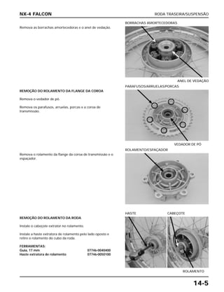 RODA TRASEIRA/SUSPENSÃO
14-5
Remova as borrachas amortecedoras e o anel de vedação.
ANEL DE VEDAÇÃO
BORRACHAS AMORTECEDORAS
Remova o rolamento da flange da coroa de transmissão e o
espaçador.
ROLAMENTO/ESPAÇADOR
REMOÇÃO DO ROLAMENTO DA RODA
Instale o cabeçote extrator no rolamento.
Instale a haste extratora de rolamento pelo lado oposto e
retire o rolamento do cubo da roda.
FERRAMENTAS:
Guia, 17 mm 07746-0040400
Haste extratora de rolamento 07746-0050100
ROLAMENTO
HASTE CABEÇOTE
REMOÇÃO DO ROLAMENTO DA FLANGE DA COROA
Remova o vedador de pó.
Remova os parafusos, arruelas, porcas e a coroa de
transmissão.
VEDADOR DE PÓ
PARAFUSOS/ARRUELAS/PORCAS
NX-4 FALCON
 