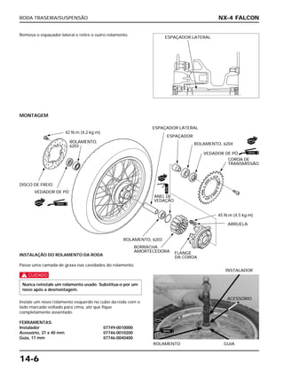 RODA TRASEIRA/SUSPENSÃO
14-6
Remova o espaçador lateral e retire o outro rolamento.
MONTAGEM
INSTALAÇÃO DO ROLAMENTO DA RODA
Passe uma camada de graxa nas cavidades do rolamento.
c
Instale um novo rolamento esquerdo no cubo da roda com o
lado marcado voltado para cima, até que fique
completamente assentado.
FERRAMENTAS:
Instalador 07749-0010000
Acessório, 37 x 40 mm 07746-0010200
Guia, 17 mm 07746-0040400
Nunca reinstale um rolamento usado. Substitua-o por um
novo após a desmontagem.
ROLAMENTO GUIA
INSTALADOR
NX-4 FALCON
ACESSÓRIO
ESPAÇADOR LATERAL
42 N.m (4,2 kg.m)
ROLAMENTO,
6203
DISCO DE FREIO
VEDADOR DE PÓ
ESPAÇADOR LATERAL
ESPAÇADOR
ROLAMENTO, 6204
VEDADOR DE PÓ
COROA DE
TRANSMISSÃO
ANEL DE
VEDAÇÃO
ROLAMENTO, 6203
BORRACHA
AMORTECEDORA FLANGE
DA COROA
45 N.m (4,5 kg.m)
ARRUELA
GRAXA
NOVO
GRAXA
NOVO
NOVO
GRAXA
NOVO
ÓLEO
 