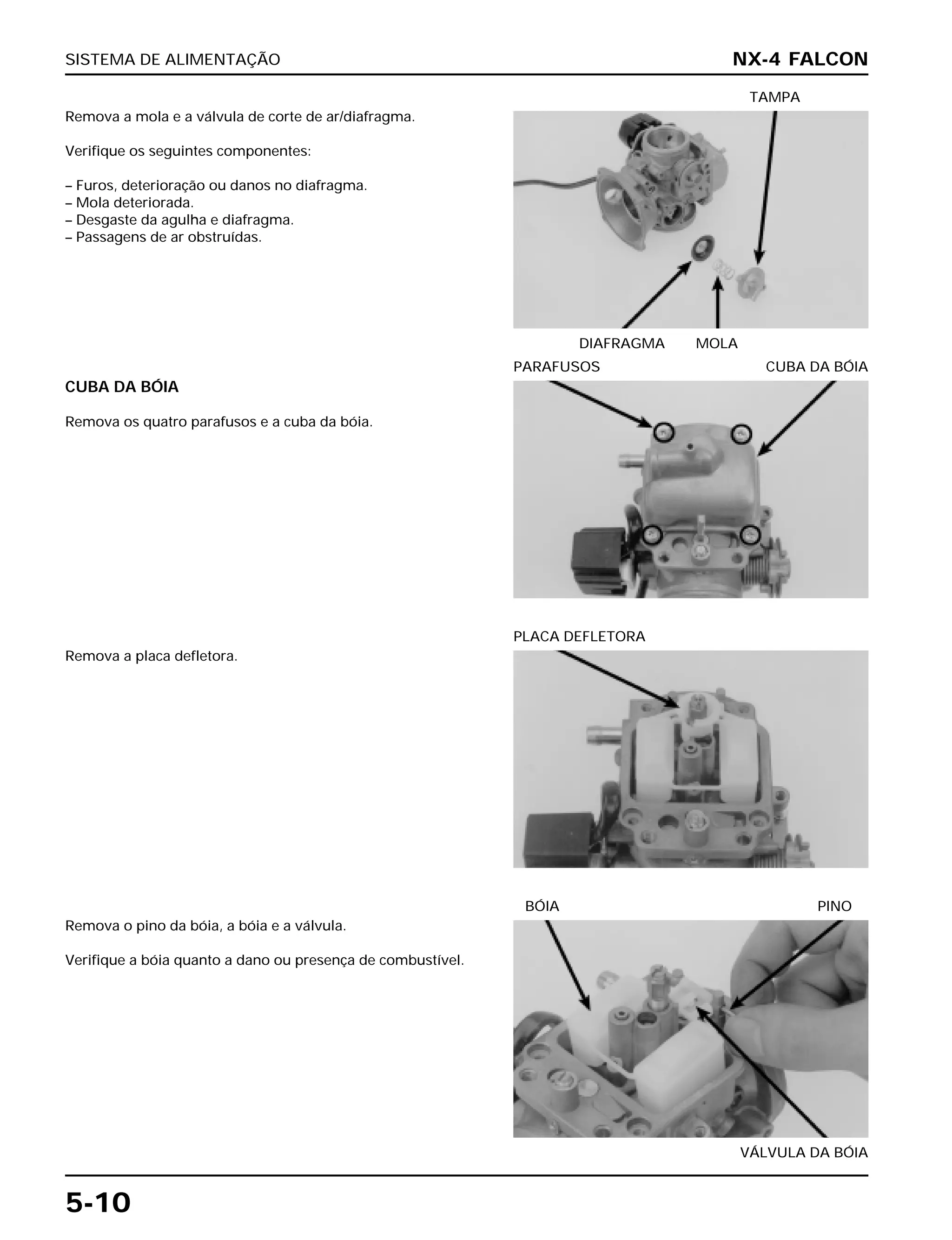 SISTEMA DE ALIMENTAÇÃO
5-10
Remova a mola e a válvula de corte de ar/diafragma.
Verifique os seguintes componentes:
– Furos, deterioração ou danos no diafragma.
– Mola deteriorada.
– Desgaste da agulha e diafragma.
– Passagens de ar obstruídas.
DIAFRAGMA MOLA
TAMPA
Remova a placa defletora.
PLACA DEFLETORA
Remova o pino da bóia, a bóia e a válvula.
Verifique a bóia quanto a dano ou presença de combustível.
VÁLVULA DA BÓIA
BÓIA PINO
CUBA DA BÓIA
Remova os quatro parafusos e a cuba da bóia.
PARAFUSOS CUBA DA BÓIA
NX-4 FALCON
 