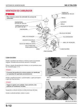 SISTEMA DE ALIMENTAÇÃO
5-12
MONTAGEM DO CARBURADOR
c
Não remova o sensor do acelerador da carcaça do
carburador.
CUBA DA BÓIA
Instale o parafuso de mistura e retorne-o para sua posição
original, anotada anteriormente durante a remoção.
Efetue o ajuste do parafuso de mistura, se um parafuso novo
for instalado (pág. 5-17).
a
Instale a agulha do pistão, o pulverizador, o giclê principal e
o giclê de marcha lenta.
a
Suspenda a válvula da bóia no lábio do braço da bóia.
Instale a válvula da bóia, a bóia e o pino.
Segure os giclês com cuidado. Caso contrário, eles
poderão ser facilmente riscados.
O assento do parafuso de mistura poderá ser danificado,
se o parafuso for apertado excessivamente.
MOLA PARAFUSO DA MISTURA
PULVERIZADOR
VÁLVULA DA BÓIA
BÓIA PINO
NX-4 FALCON
DIAFRAGMA/
PISTÃO DE VÁCUO
TAMPA DA VÁLVULA
DE CORTE DE AR
DIAFRAGMA
MOLA
ANEL DE VEDAÇÃO
ASSENTO DA MOLA
MOLA
GICLÊ DE MARCHA LENTA
GICLÊ PRINCIPAL
PLACA DEFLETORA
BÓIA
PINO DA BÓIA
TAMPA DA
CÂMARA DE VÁCUO
MOLA
SUPORTE
MOLA
AGULHA DO PISTÃO
VÁLVULA DA BÓIA
PULVERIZADOR
ANEL DE VEDAÇÃO
CUBA DA BÓIA
ANEL DE
VEDAÇÃO
ASSENTO
DA MOLA
GICLÊ
PRINCIPAL
GICLÊ DE
MARCHA
LENTA
 