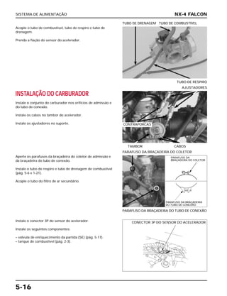 SISTEMA DE ALIMENTAÇÃO
5-16
Acople o tubo de combustível, tubo de respiro e tubo de
drenagem.
Prenda a fiação do sensor do acelerador.
TUBO DE RESPIRO
TUBO DE DRENAGEM TUBO DE COMBUSTÍVEL
Aperte os parafusos da braçadeira do coletor de admissão e
da braçadeira do tubo de conexão.
Instale o tubo de respiro e tubo de drenagem de combustível
(pág. 5-6 e 1-21).
Acople o tubo do filtro de ar secundário.
PARAFUSO DA BRAÇADEIRA DO TUBO DE CONEXÃO
PARAFUSO DA BRAÇADEIRA DO COLETOR
Instale o conector 3P do sensor do acelerador.
Instale os seguintes componentes:
– válvula de enriquecimento da partida (SE) (pág. 5-17).
– tanque de combustível (pág. 2-3).
INSTALAÇÃO DO CARBURADOR
Instale o conjunto do carburador nos orifícios de admissão e
do tubo de conexão.
Instale os cabos no tambor do acelerador.
Instale os ajustadores no suporte.
TAMBOR CABOS
AJUSTADORES
NX-4 FALCON
CONTRAPORCAS
PARAFUSO DA
BRAÇADEIRA DO COLETOR
PARAFUSO DA BRAÇADEIRA
DO TUBO DE CONEXÃO
CONECTOR 3P DO SENSOR DO ACELERADOR
 