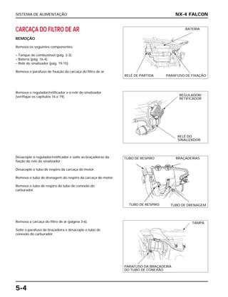 SISTEMA DE ALIMENTAÇÃO
5-4
CARCAÇA DO FILTRO DE AR
REMOÇÃO
Remova os seguintes componentes:
– Tanque de combustível (pág. 2-3).
– Bateria (pág. 16-4).
– Relé do sinalizador (pág. 19-15).
Remova o parafuso de fixação da carcaça do filtro de ar.
Desacople o regulador/retificador e solte as braçadeiras da
fiação do relé do sinalizador.
Desacople o tubo de respiro da carcaça do motor.
Remova o tubo de drenagem do respiro da carcaça do motor.
Remova o tubo de respiro do tubo de conexão do
carburador.
Remova a carcaça do filtro de ar (página 3-6).
Solte o parafuso da braçadeira e desacople o tubo de
conexão do carburador.
Remova o regulador/retificador e o relé do sinalizador
(verifique os capítulos 16 e 19).
NX-4 FALCON
BATERIA
RELÉ DE PARTIDA PARAFUSO DE FIXAÇÃO
REGULADOR/
RETIFICADOR
RELÉ DO
SINALIZADOR
TUBO DE RESPIRO BRAÇADEIRAS
TUBO DE RESPIRO TUBO DE DRENAGEM
TAMPA
PARAFUSO DA BRAÇADEIRA
DO TUBO DE CONEXÃO
 