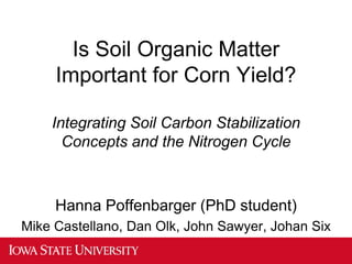 Is Soil Organic Matter
Important for Corn Yield?
Integrating Soil Carbon Stabilization
Concepts and the Nitrogen Cycle
Hanna Poffenbarger (PhD student)
Mike Castellano, Dan Olk, John Sawyer, Johan Six
 
