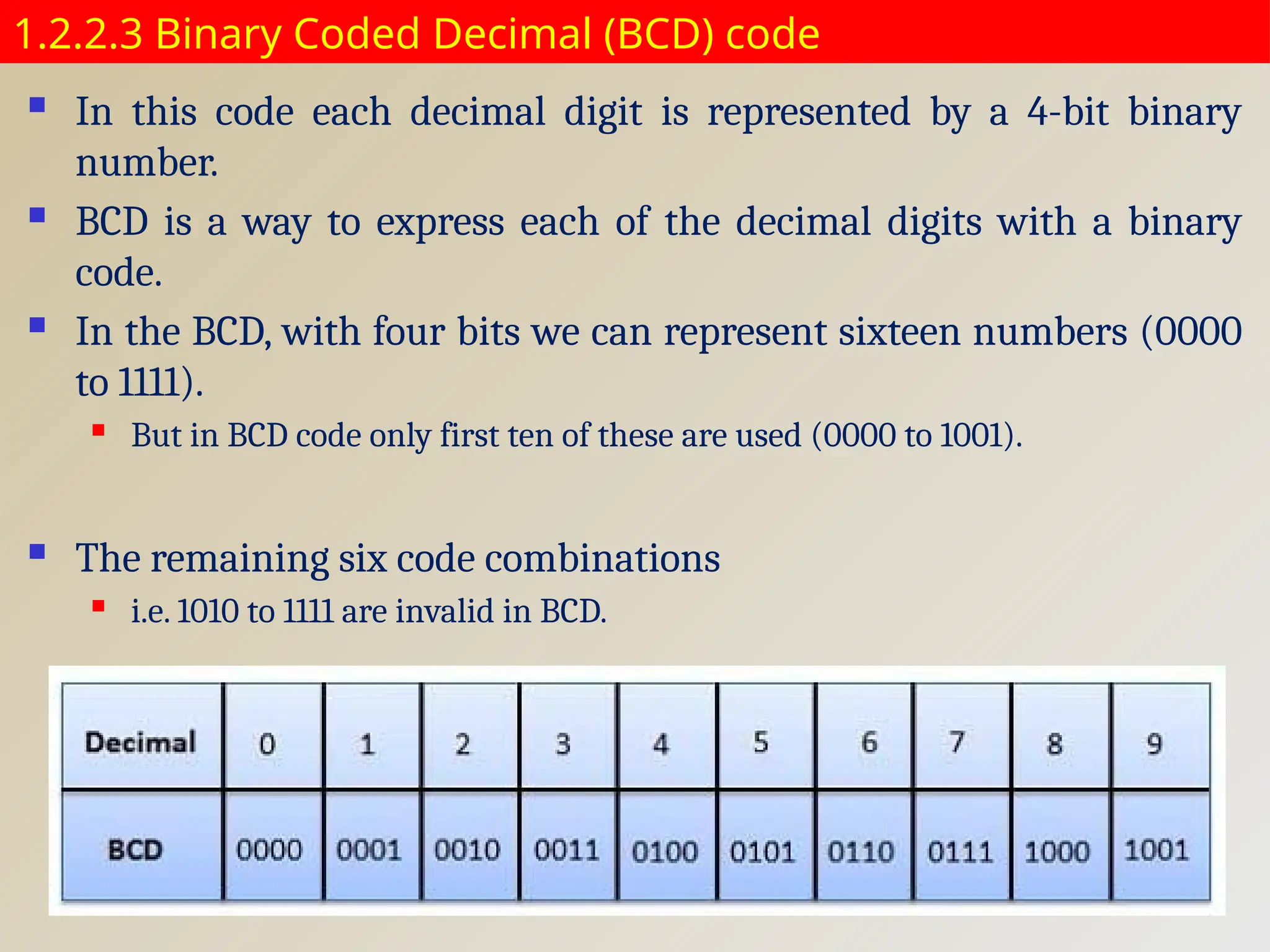 1.2.2.3 Binary Coded Decimal (BCD) code
 In this code each decimal digit is represented by a 4-bit binary
number.
 BCD is a way to express each of the decimal digits with a binary
code.
 In the BCD, with four bits we can represent sixteen numbers (0000
to 1111).
 But in BCD code only first ten of these are used (0000 to 1001).
 The remaining six code combinations
 i.e. 1010 to 1111 are invalid in BCD.
 